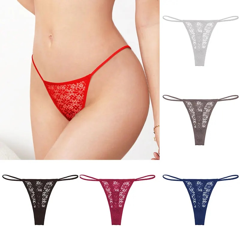 

Women'S Sexy Lace Cotton Thong Solid Color Panties Low Waist Thin Strappy G-String See Through Elasticity Thin Underpants