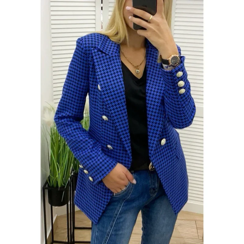 

2023 Autumn and Winter Women's Fashion Commuter Double Breasted Thousand Bird Checker Coat Casual Comfort Versatile Top