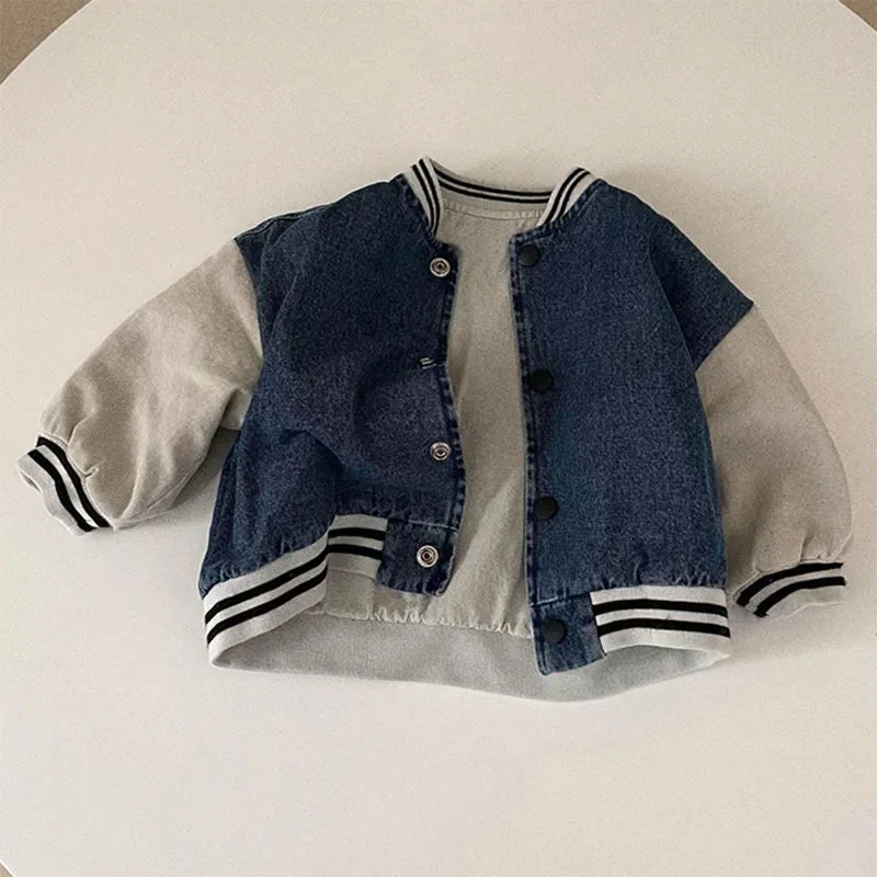 

2022 Autumn Winter New Infant Splicing Long Sleeve Denim Coats Kid Boy Striped Casual Tops Baby Outfits Boy Cool Cotton Jackets
