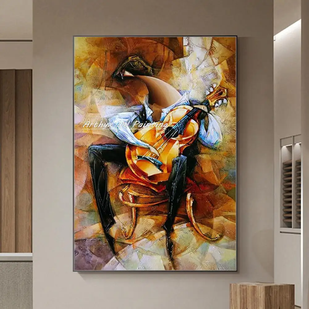 

Arthyx Handmade Cartoon Figure Oil Paintings On Canvas Abstract Musical Instruments Wall Art Pictures For Living Room Home Decor
