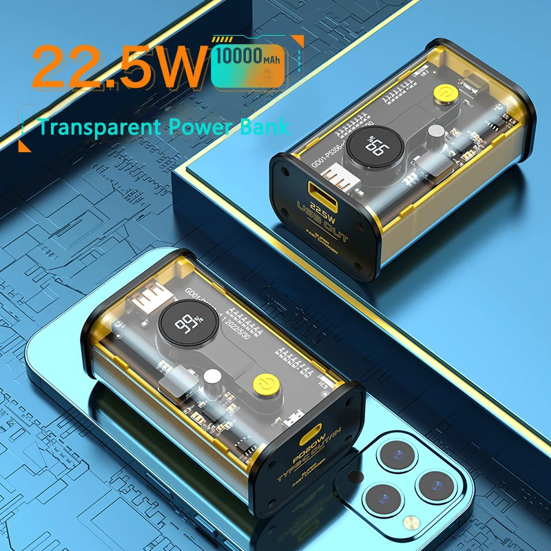 

Transparent Power Bank 10000mAh 22.5W Fast Charging for Huawei P40 P50 Powerbank For iPhone 13 14 Pro Xiaomi Samsung Poverbank