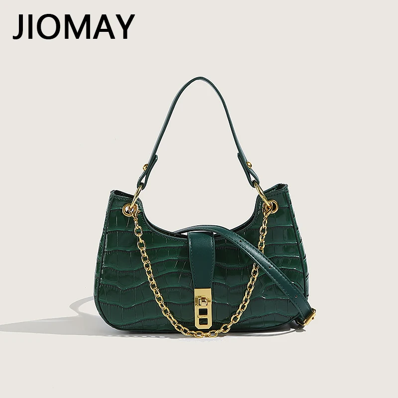 

JIOMAY Fashion PU Leather Shoulder Bag for Women 2023 Alligator pattern Designer Handbags with Chain Lady Solid Color Saddle Bag