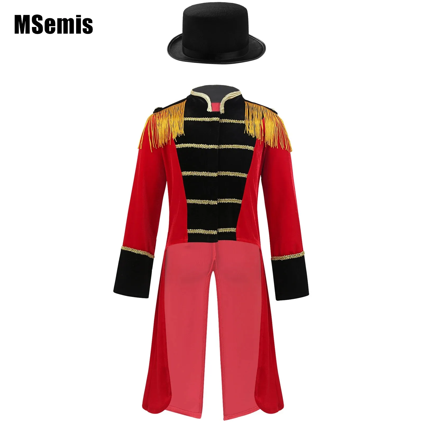 

Детский костюм для косплея цирка рингмастера для мальчиков, комплект с длинным рукавом, воротником-стойкой, кисточками, плечевым пальто с фетровой шапкой для выступления