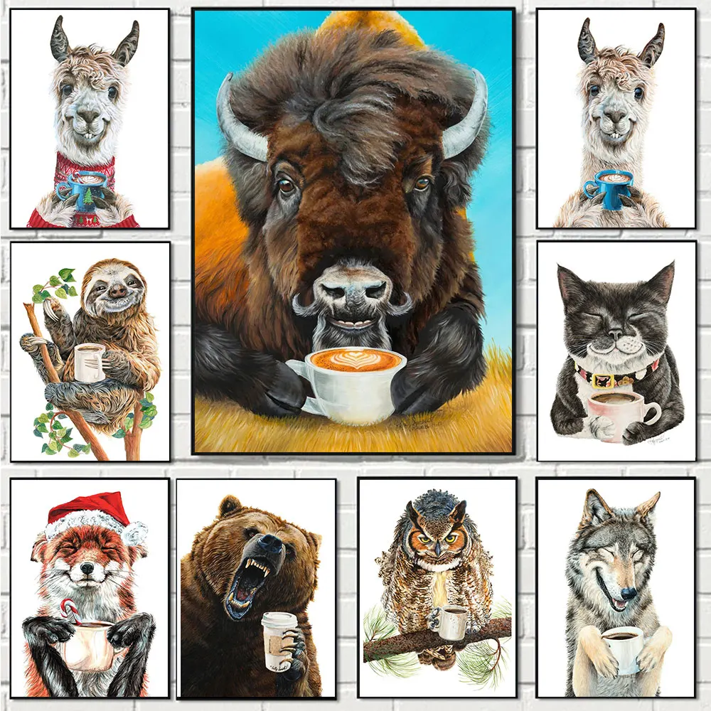 

Funny Animal Tiger Owl Dog Cat Drinking Coffee Posters Canvas Painting Camel Latte Coffee Art Picture For Coffee Shop Decor Gift