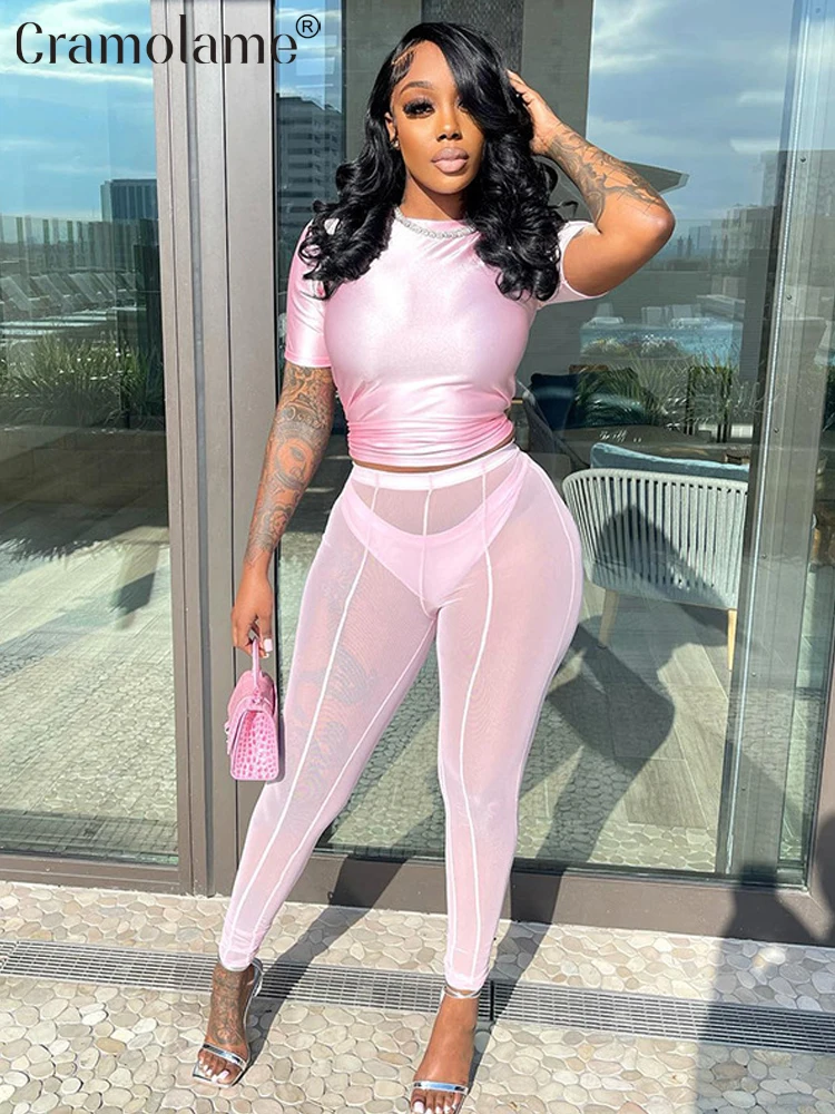

Sexy Tracksuits Two Piece Set Pants for Women Y2K Club Outfits Summer Short Sleeve T-Shirts and Mesh Transparent Throser Suits