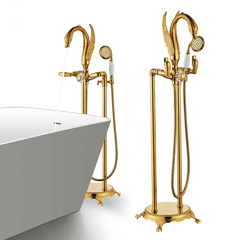 Фото Quyanre Gold Swan напольный смеситель для ванны напольный кран для ванной комнаты черный хром смеситель для ванны и душа смеситель для ванной комнаты №1