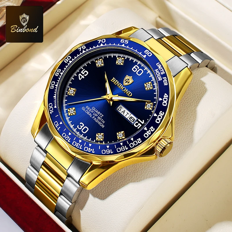 BINBOND Роскошные B503 Водонепроницаемые кварцевые мужские часы Деловые с ремешком из