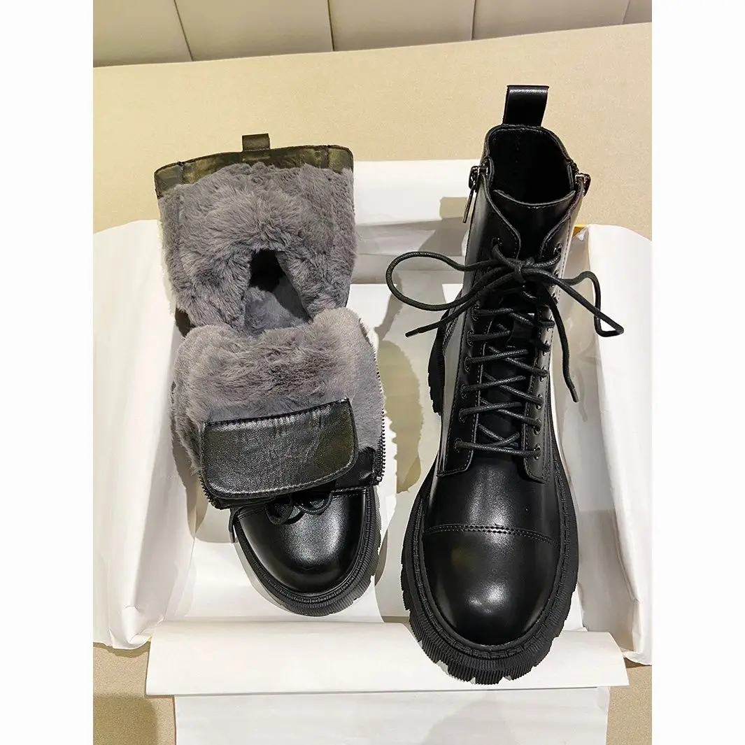 

Women Shoelaces With Ties Ankle Boots Warm Warm Warm Wool Winter Platform High Heels Black Martin Boots Insoles Plush Woman Flat