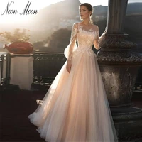 elegant a line womens wedding dress 2022 o neck lantern sleeve lace appliques backless button sexy floor length vestido de novi