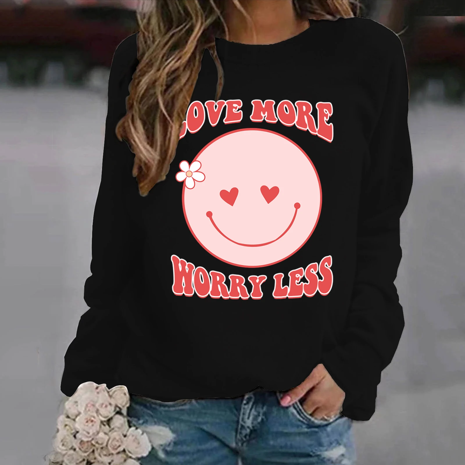 

Ins Hoodie Love More Worry Less Tracksuit Clothing Women Men Graphics 90s Lovely Streetwear Unisex Sweatshirt Smiling Hoodied