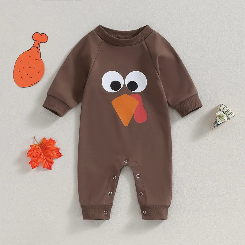 

2023-07-30 Lioraitiin 0-18M Infant Baby Boy Girl Thanksgiving Jumpsuit Cartoon Turkey Print Round Neck Long Sleeve Romper