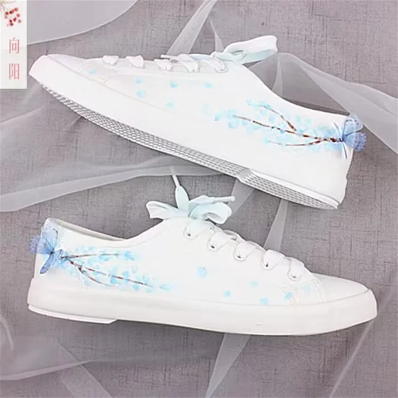 

Handmade custom scale canvas shoes casual with flower lace ribbon thick sole large size women 35-40