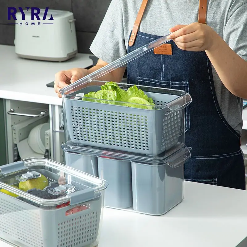 

Fridge Fresh Kitchen Organizer Refrigerator Storage Box Vegetable Fruit Boxes Drain Basket Kitchen Storage Containers Lid Set