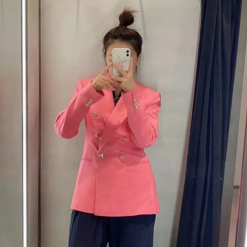 Rose Red Metal Button Blazer Women Solid Colors Double Breasted Casual Office Blazer 2021 Fashion Work Wear Formal Clothing Chic