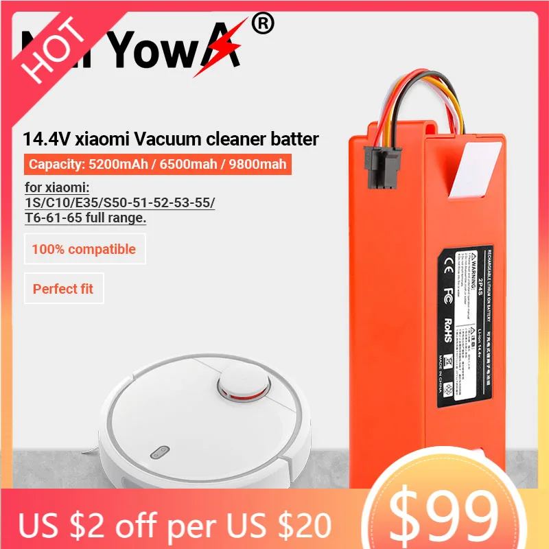

New 9800mAh 14.4V 9.8Ah li-ion Battery Vacuum Cleaner accessories for xiaomi mi robot Robotics cleaner roborock S50 S51 T4 T6