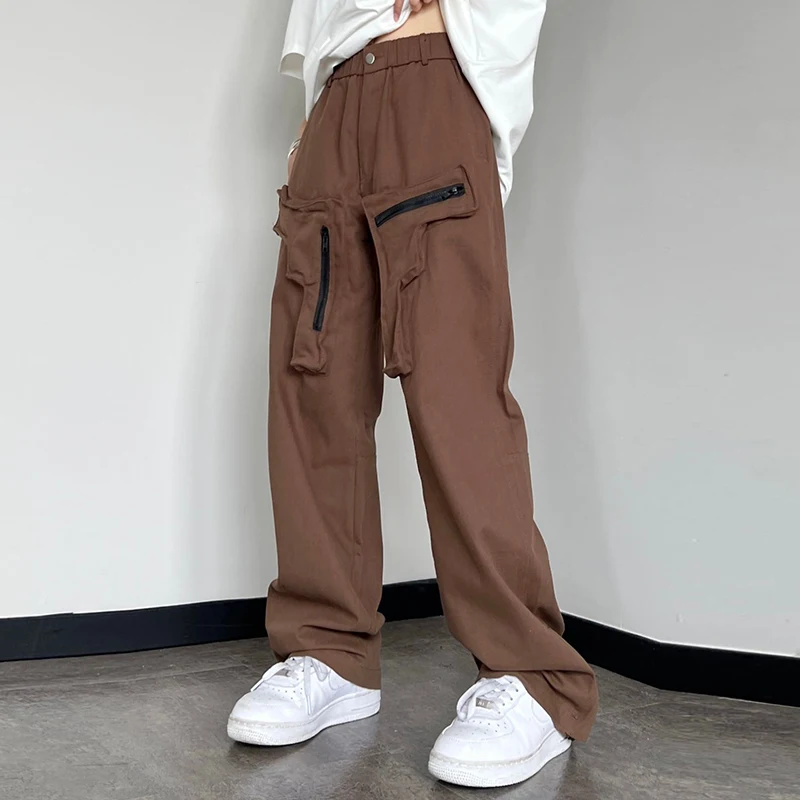 

Retro Zipper Guns Pockets Embroidery Casual Mens Cargos High Street Straight Loose Overalls Oversized Elastic Waist Trousers
