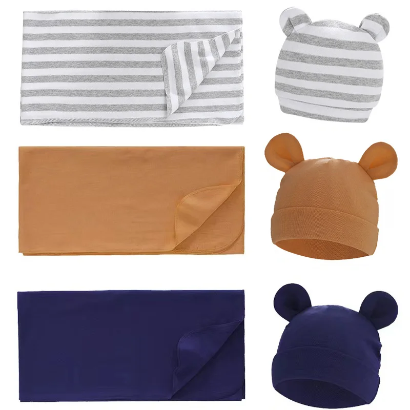 

2PCS Baby Blankets Newborn Hat Set Cotton Soft Swaddle Infant Storage Blanket New Born Photography Wraps Toddler Accessories