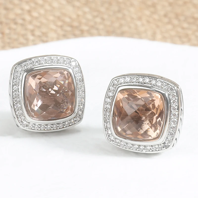 

JADE ANGEL Classic Ladies Earrings Inlaid Square Morganite Zircon Stud Vintage Jewelry for Women Wedding Party Banquent Gift