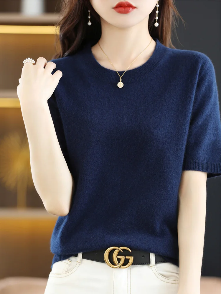 

Aliselect Fashion Women Jerseys Merino Wool Tops Sweater O-Neck Half Sleeve Pullover Spring Autumn Summer Clothing Knitwear