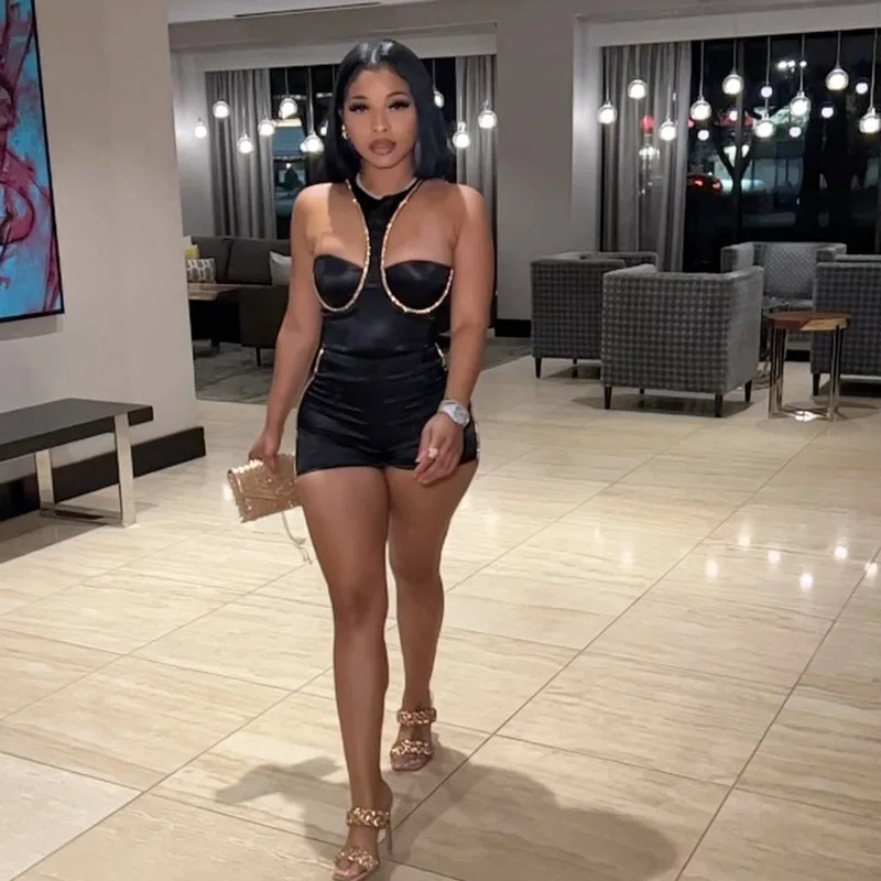 FTS Summer One Piece Playsuit Bodysuit Halterneck Sleeveless Low Chest Sexy Bodycon High Waist Woman Jumpsuits Elegant