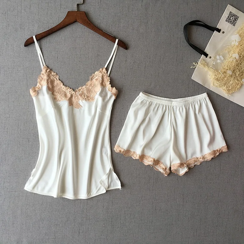 Sexy Women Pijamas 2 Piece Set Satin Pajama Sleeveless Sling Sleep Top Shorts Lace Fashion Solid Loungewear Woman Nightwear Pjs