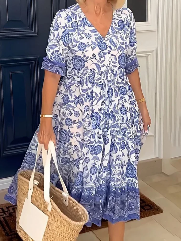 

2023 New Women Floral Printed Boho Dresses V Neck Short Sleeve Temperament Seaside Beach Party Dress Loose All Match Long Skirt