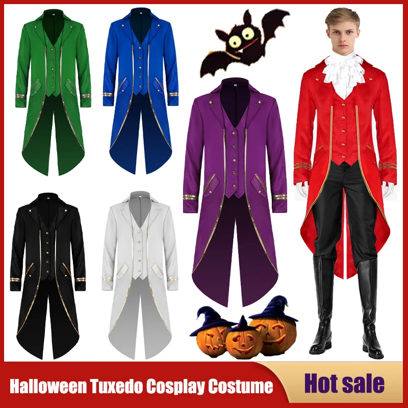 

Halloween Tuxedo Costume Men's Gothic Jacket Medieval Vintage Steampunk Tailcoat Gold Trim Long Coat Masquerade Party Cosplay