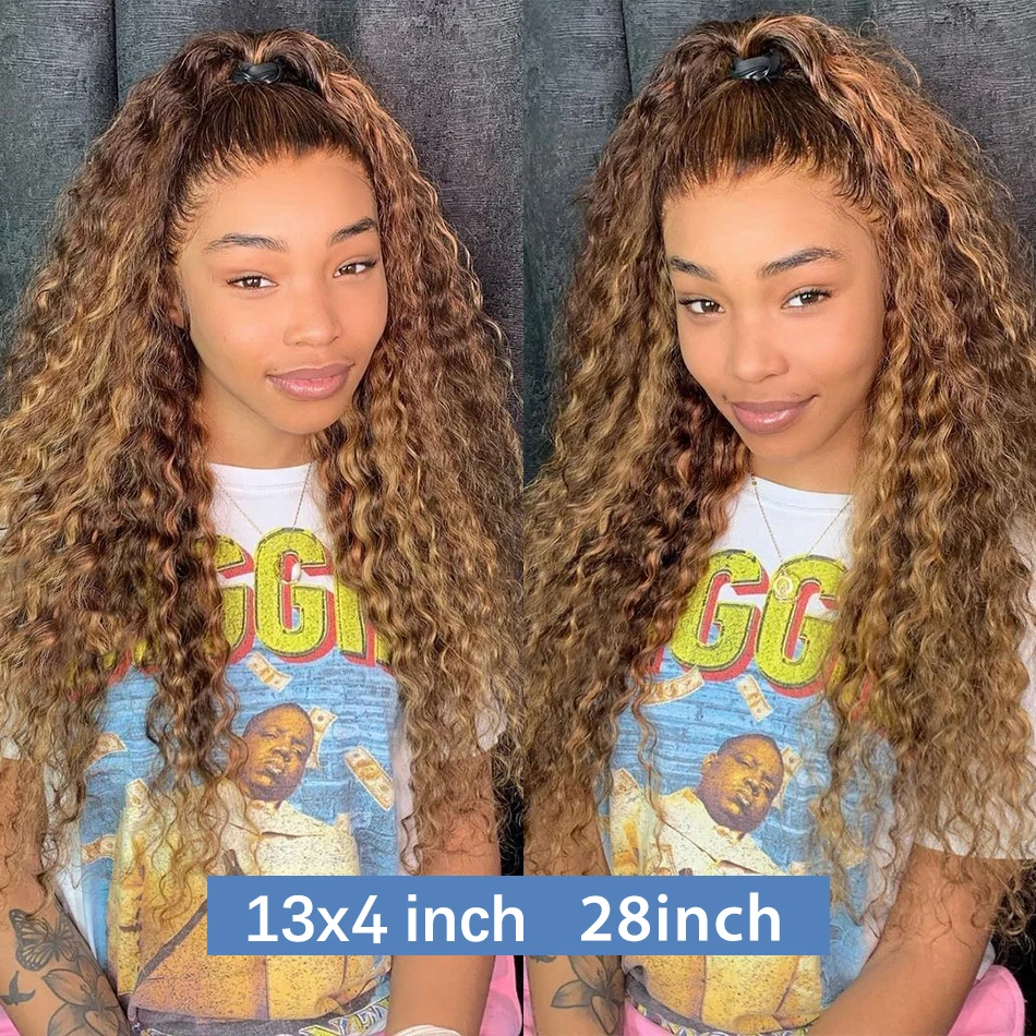 Deep Curly Human Hair Wigs 4/27 Highlight Ombre 13x4 Lace Frontal Wig Honey Blonde Colored Deep Wave Lace Front Wig For Women