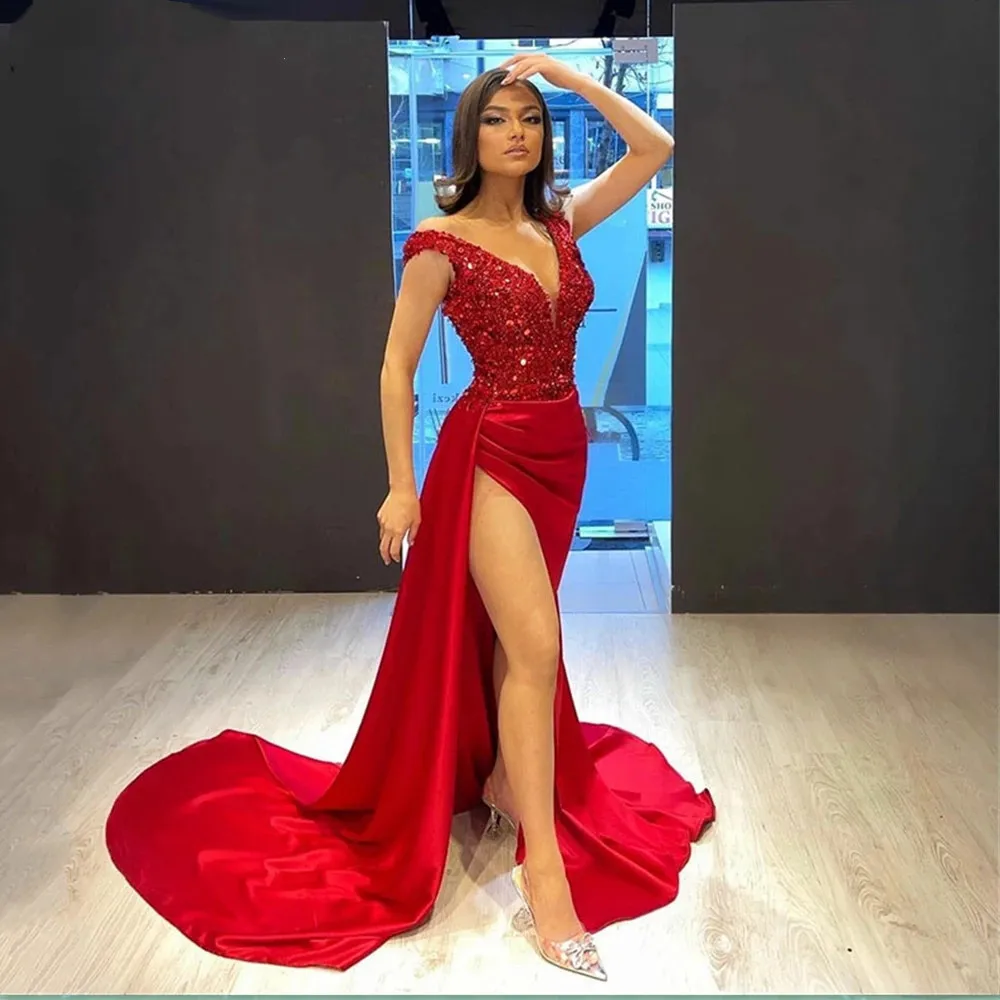 

Charming Red Sequins Evening Dresses Mermaid V Neck High Split Women Formal Prom Gowns Night Party Wedding Guest Robe De Soiree