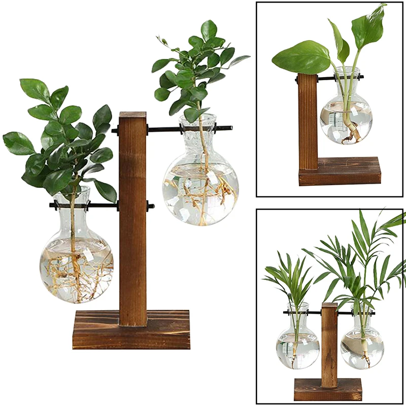 

Terrarium Hydroponic Plant Vases Vintage Flower Pot Transparent Vase Wooden Frame Glass Tabletop Plants Home Bonsai Decor