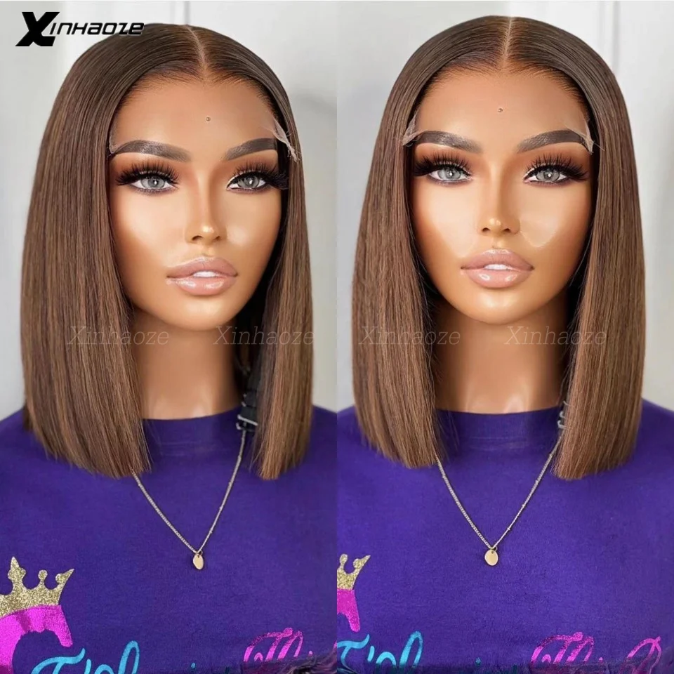 Chocolate Brown Short Bob Wig Human Hair 13x4 Lace Front Wig Brown Straight Short Bob Wigs For Woman Glueless Silk Top Bob Wigs