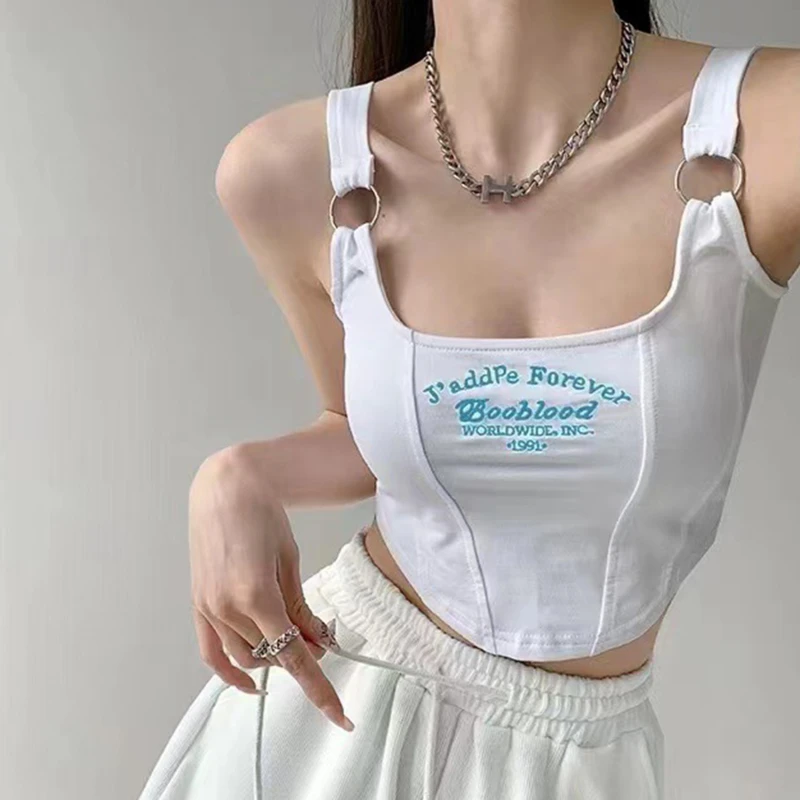 

Women Sleeveless Crop Top Tank Tops Sexy Vest Letters Y2K Solid Color Short Women's Camisole Crop Top Woman Clothing