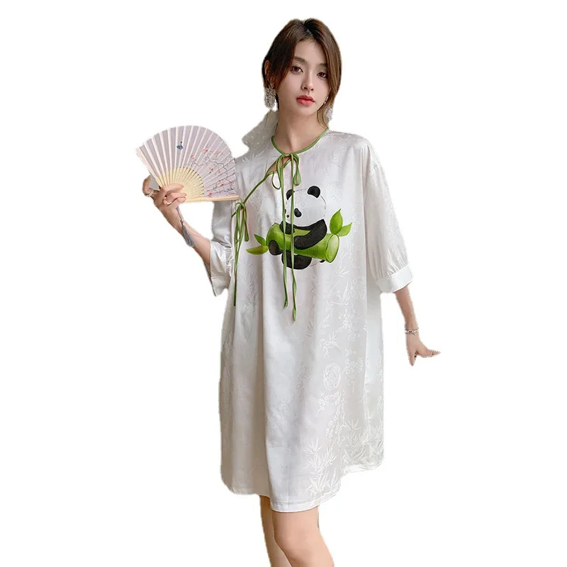 New Satin Nightdress Female Summer National Style New Chinese Style Silk Pajamas Cute Panda Home Clothes