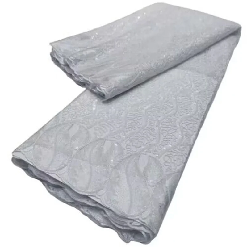 

Latest African Net Lace Fabric 5Yards White Lace Material Embroidery Tulle French Mesh Lace Fabric With Sequins For Wedding