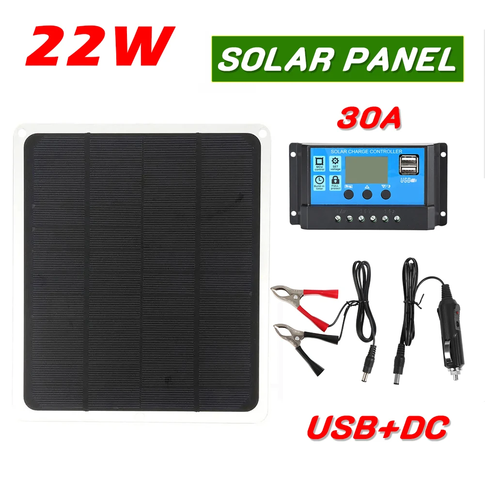 

Комплект солнечных панелей 22 Вт, 12 В, зарядное устройство для солнечных батарей с USB-выходом, 30 А, контроллер панели солнечных батарей для быс...