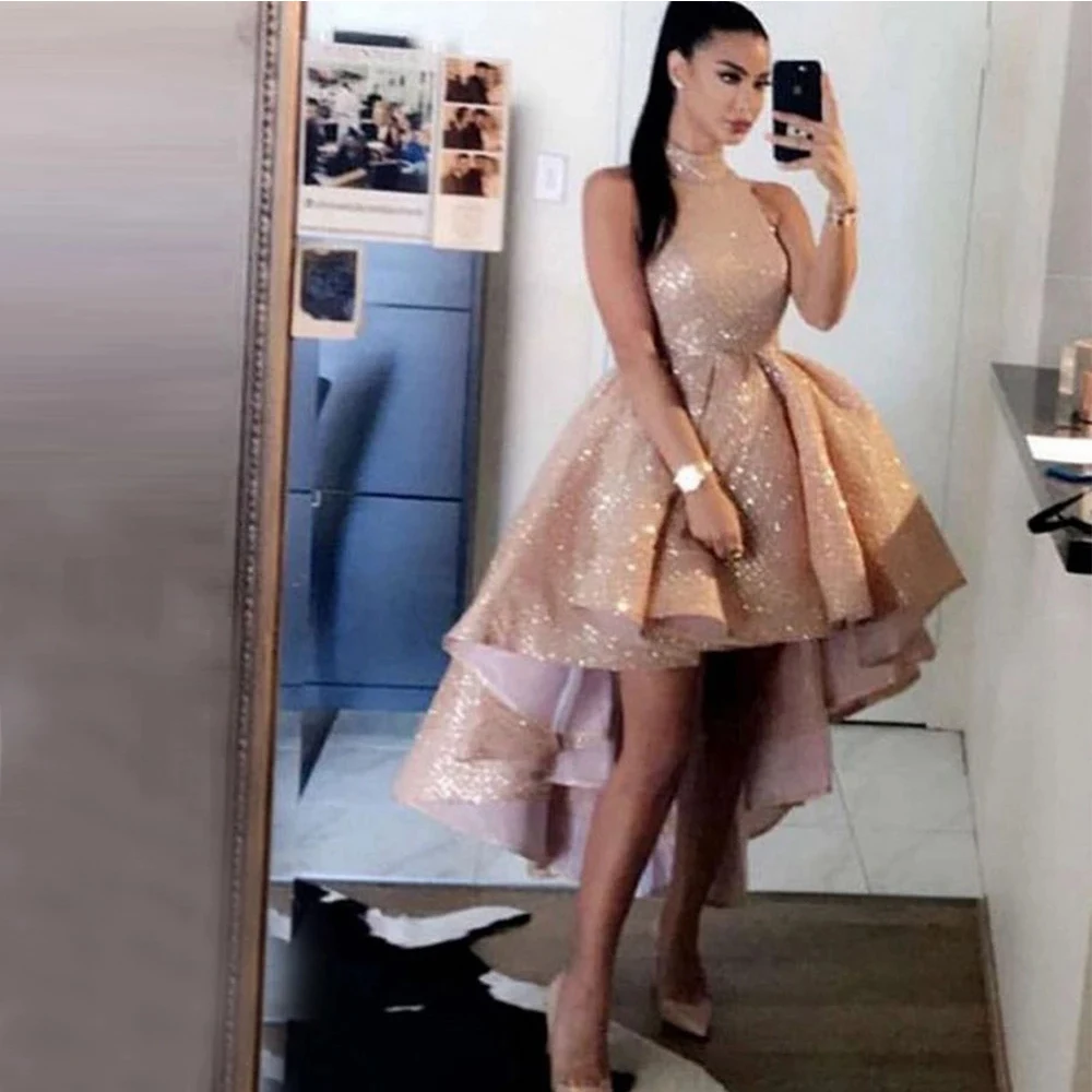 

Modern Evening Dresses Long Luxury 2022 High Sleeveless Zipper Back Prom Dress Asymmetrical Sequin Knee Length Robes De Soirée