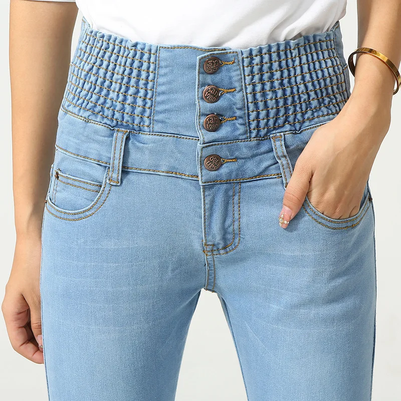 Women High Waist Cotton Stretch Denim Pants 2021 Large Size Skinny Jeans Mom Light Blue Black Autumn New Female Casual Trouser