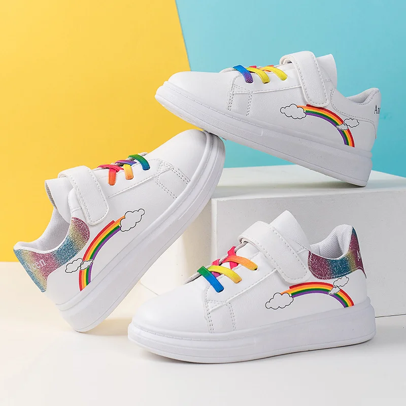 

Кроссовки для мальчиков и девочек, детские Нескользящие теннисные кроссовки, детская обувь из искусственной кожи с радужным принтом, повседневная детская обувь для бега
