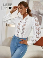 ledp elegant puff sleeve white temperament shirt summer spring sexy button hollow autumn top patchwork loose lace top women