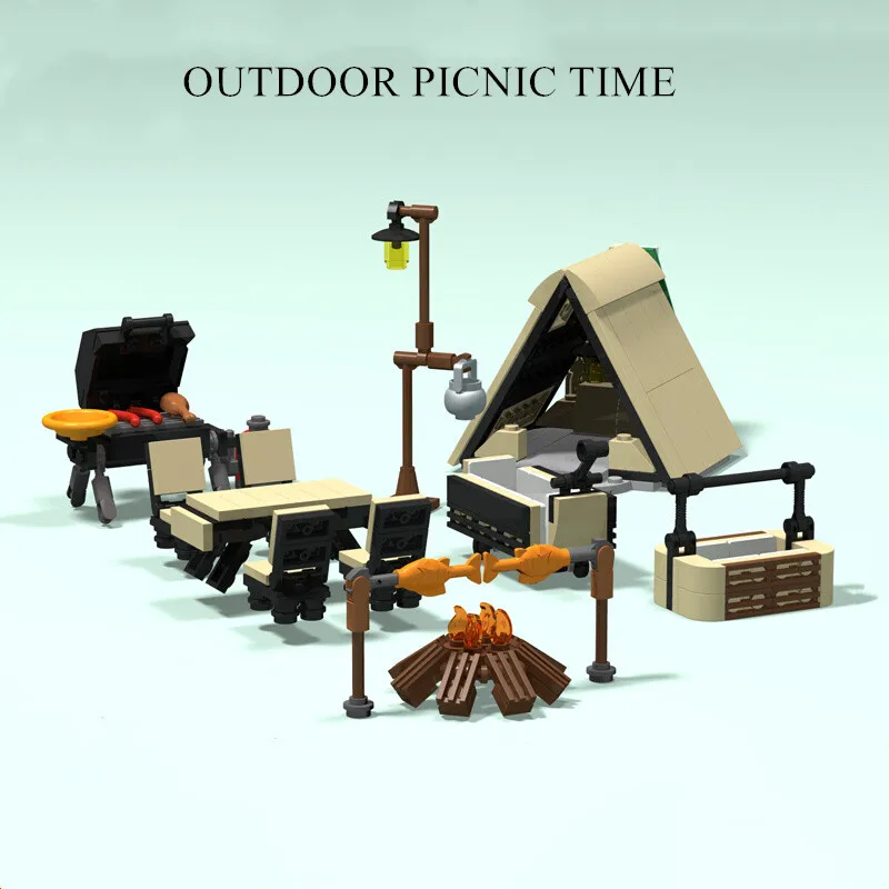 

Building Blocks Family Picnic Equipment Tent Camp Lights Barbecue Table Folding Chairs Set Scene Assembly Kids Toys Friend Gift
