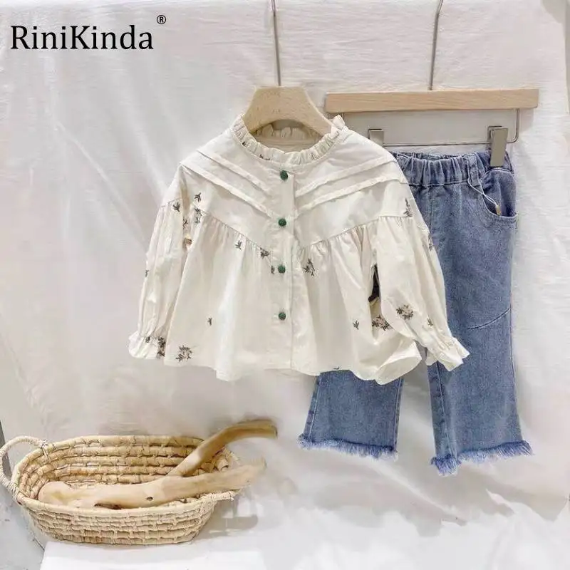 

RiniKinda Girls' Cotton And Linen Shirts Spring And Autumn New Children's Korean Brief Floral Casual Bottoming Shirt Blouse