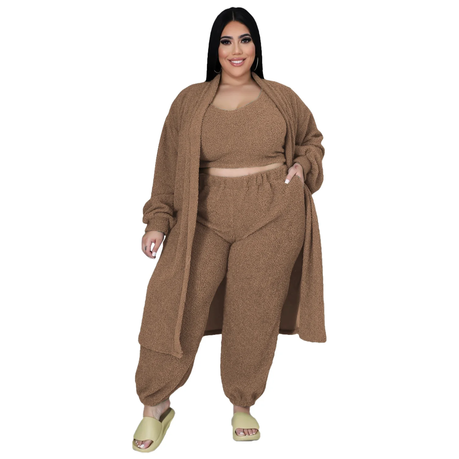 Plus Size Women Clothing 3 Pieces Sets Crop Top Vest and Long Sleeve Coat Pants Set Sexy Outfits Tracksuit Wh 3xl 4xl 5xl 6xl