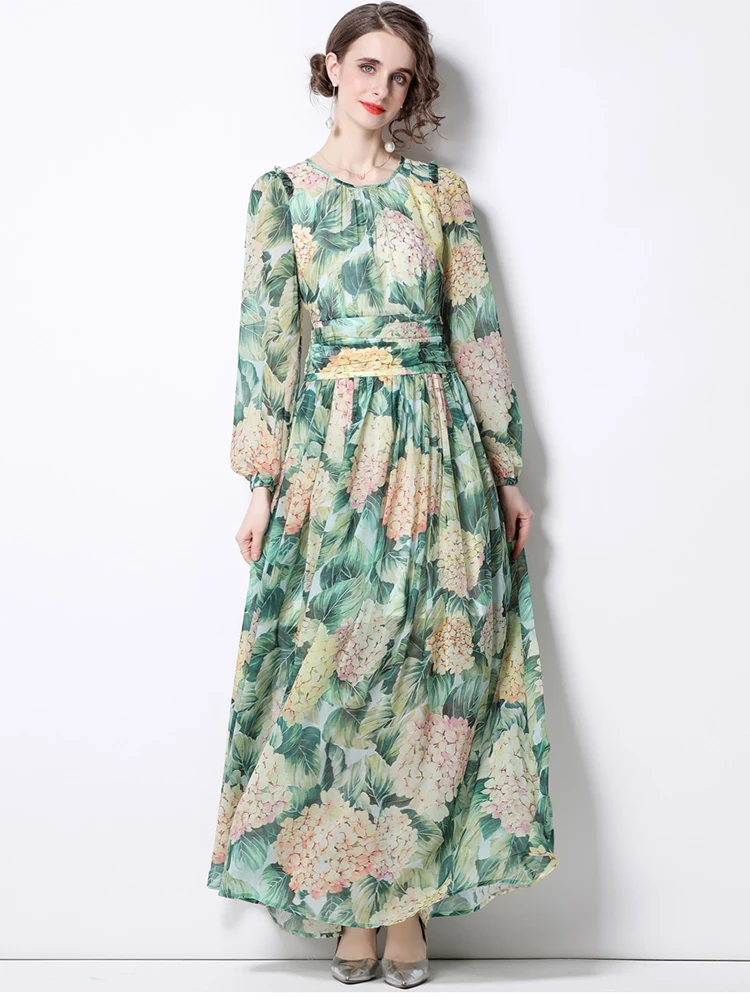 

Runway Designer Chiffon Maxi Dress 2022 Spring Summer O-Neck Long Lantern Sleeve Hydrangea Print Holiday Boho Dresses