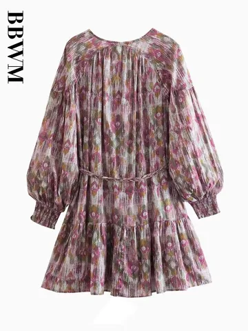 Print Dress Woman With Woven Belt Dress Women Button Mini Dresses Women 2023 New Long Sleeve Vintage Chic Female Short Dress