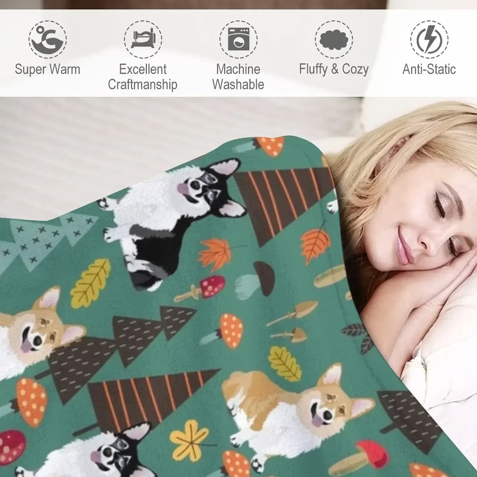 Корги в осеннем лесу — темно-бирюзовое одеяло винтажные одеяла Polar