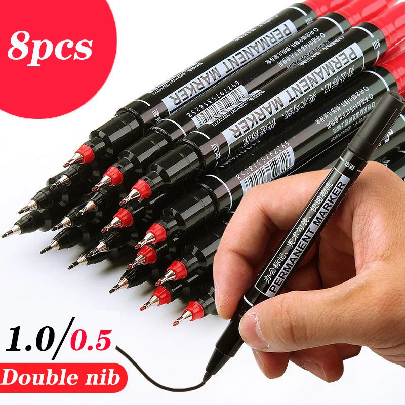 8pc Double-Head Marker For drawing Oiliness Tick Permanent  Pen 1.0 0.5 Children Painting Art Tracing Marking Pen Black Blue Red