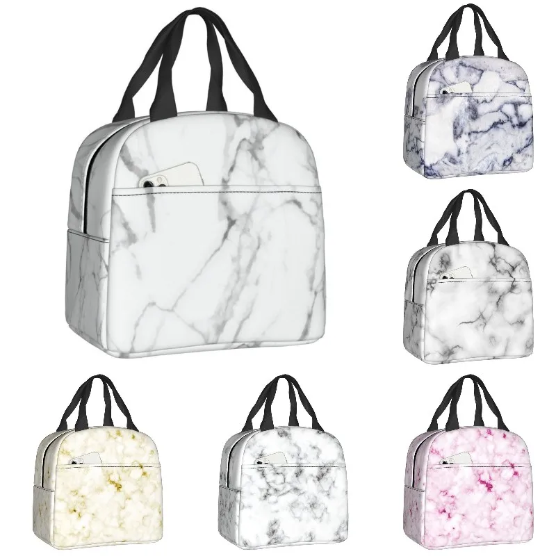 

Chic Elegant White Marble Insulated Lunch Bags for Work School Texture Abstract Waterproof Cooler Thermal Bento Box Women Kids