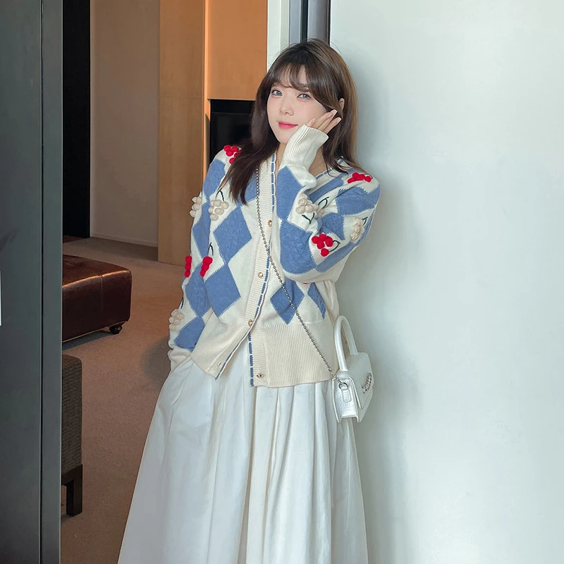 

Sweet Cardigan Women V Neck Full Sleeve Hook Flower Sweater Women Spring Autumn Korean Fashion Cute Elegant Knitwear Female
