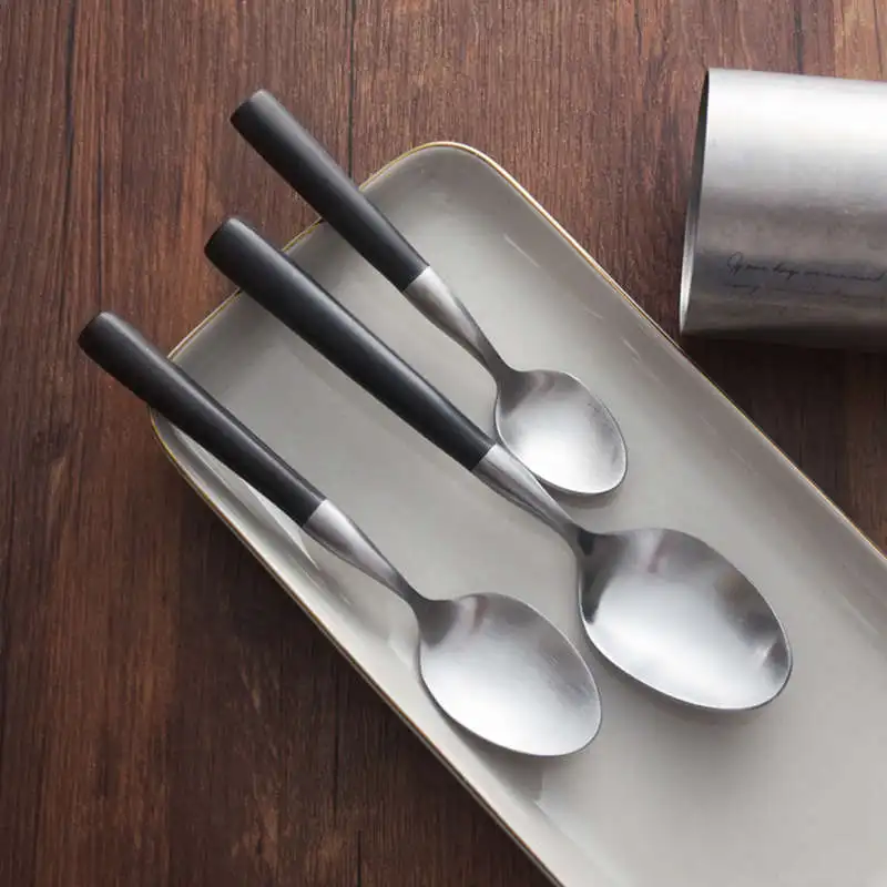 

Stainless Steel Black Handle Spoon Cutlery Tableware Knife Coffee Spoon Salad Fork Chopsticks Flatware Set Dishwasher Safe