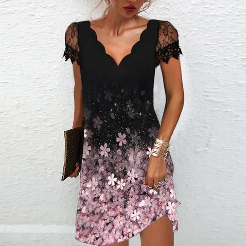 

2022 New Fashion Women V Neck Short Sleeve Dress Floral Printed Mini Dress Lace Patchwork Sexy Bodycon Dress for Women